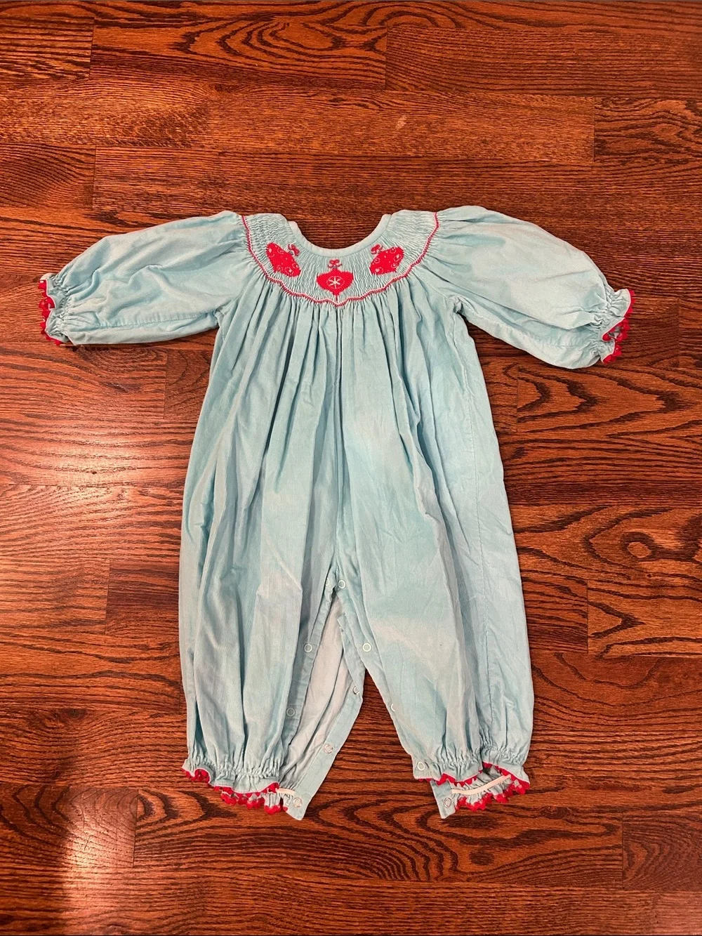Blue Smocked Girls' Formal Romper with Pink Embroidery